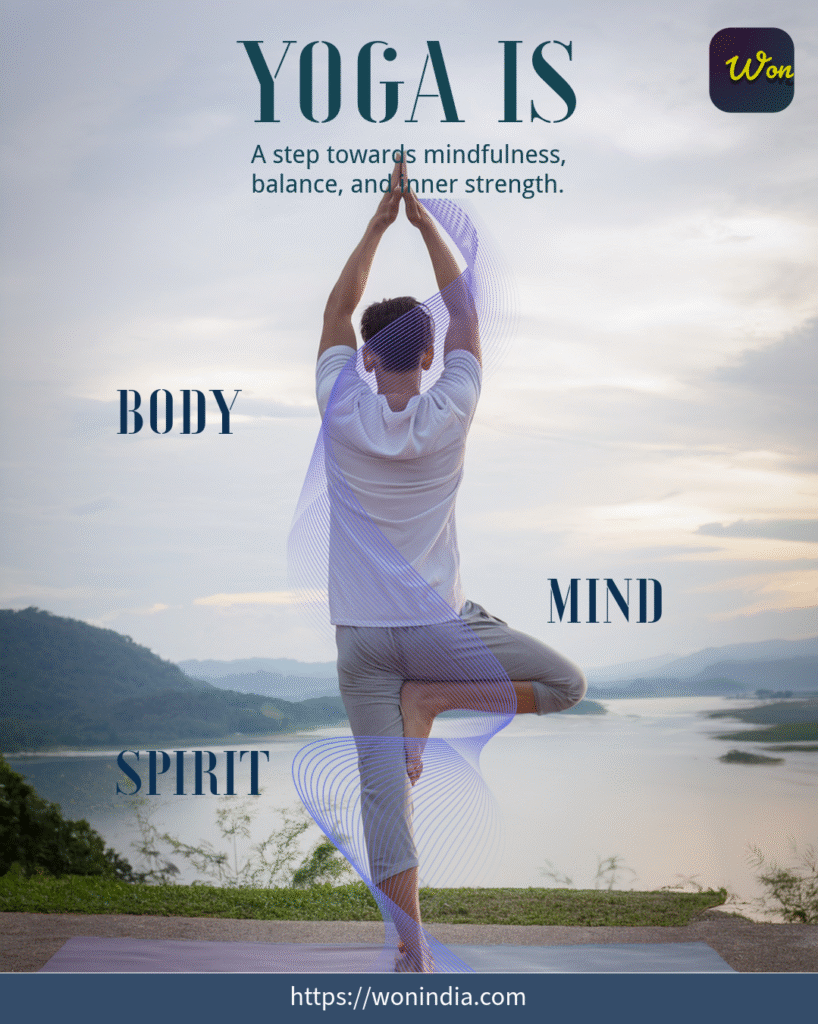A person practicing yoga in a serene outdoor setting, balancing on one leg with hands raised above in a prayer position. The background features a lake and mountains, creating a tranquil atmosphere. Text overlays highlight the themes of "Yoga is a step towards mindfulness, balance, and inner strength," along with the words "BODY," "MIND," and "SPIRIT." The overall composition conveys a sense of peace and focuses on holistic well-being.